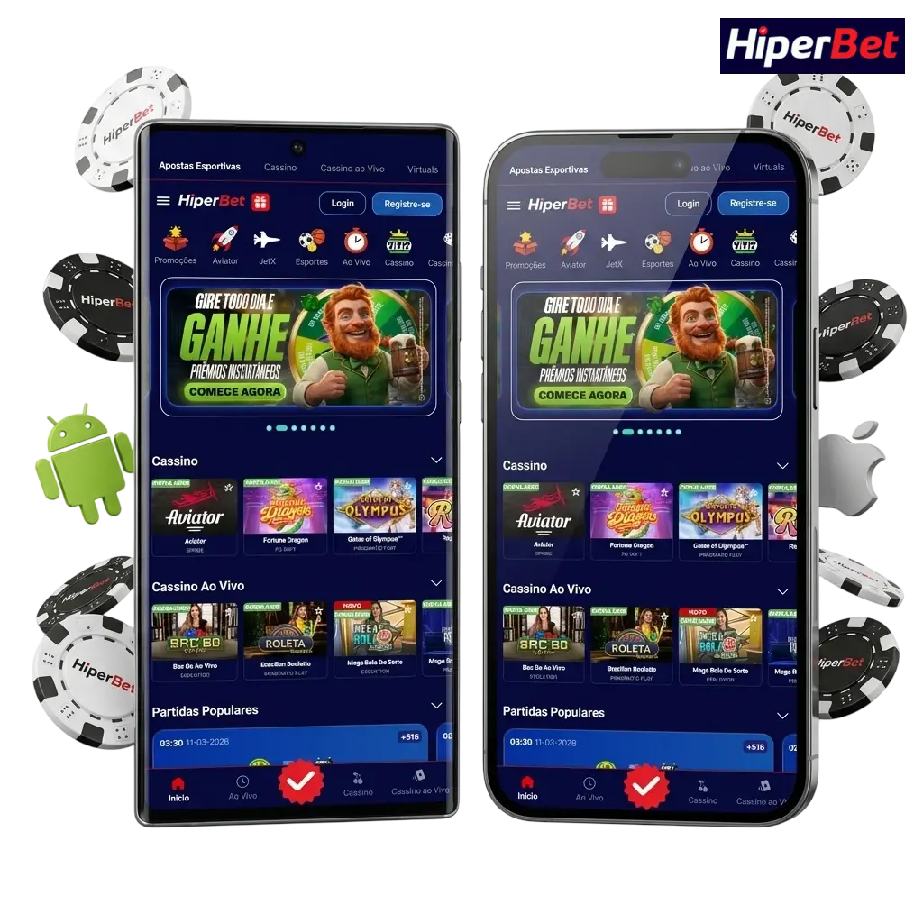 Aplicativo Hiperbet para Android com acesso a apostas esportivas, cassino ao vivo e pagamentos via Pix pelo celular
