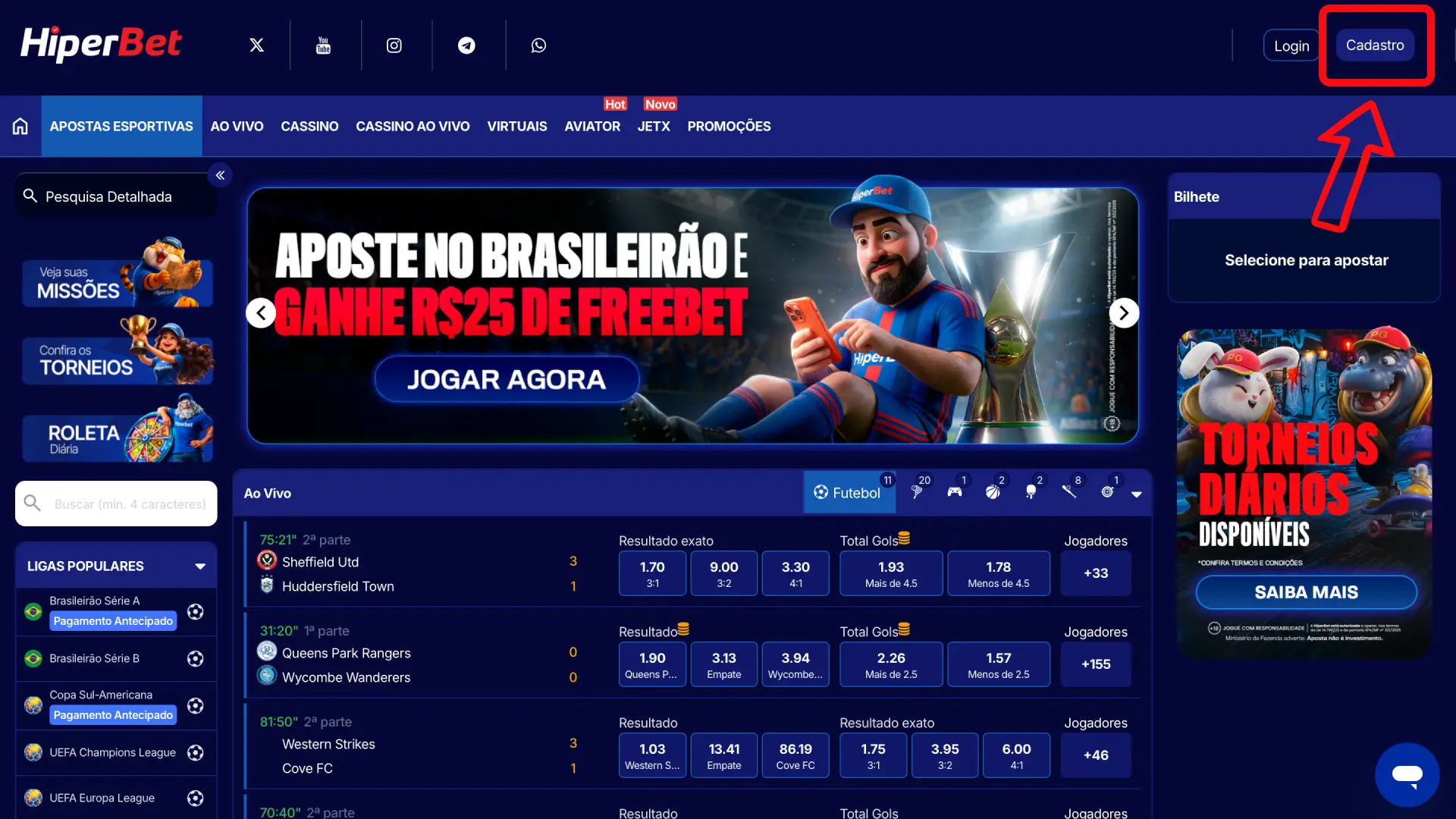 Clique no botão de cadastro nesta página para abrir o formulário de criação da Hiperbet.