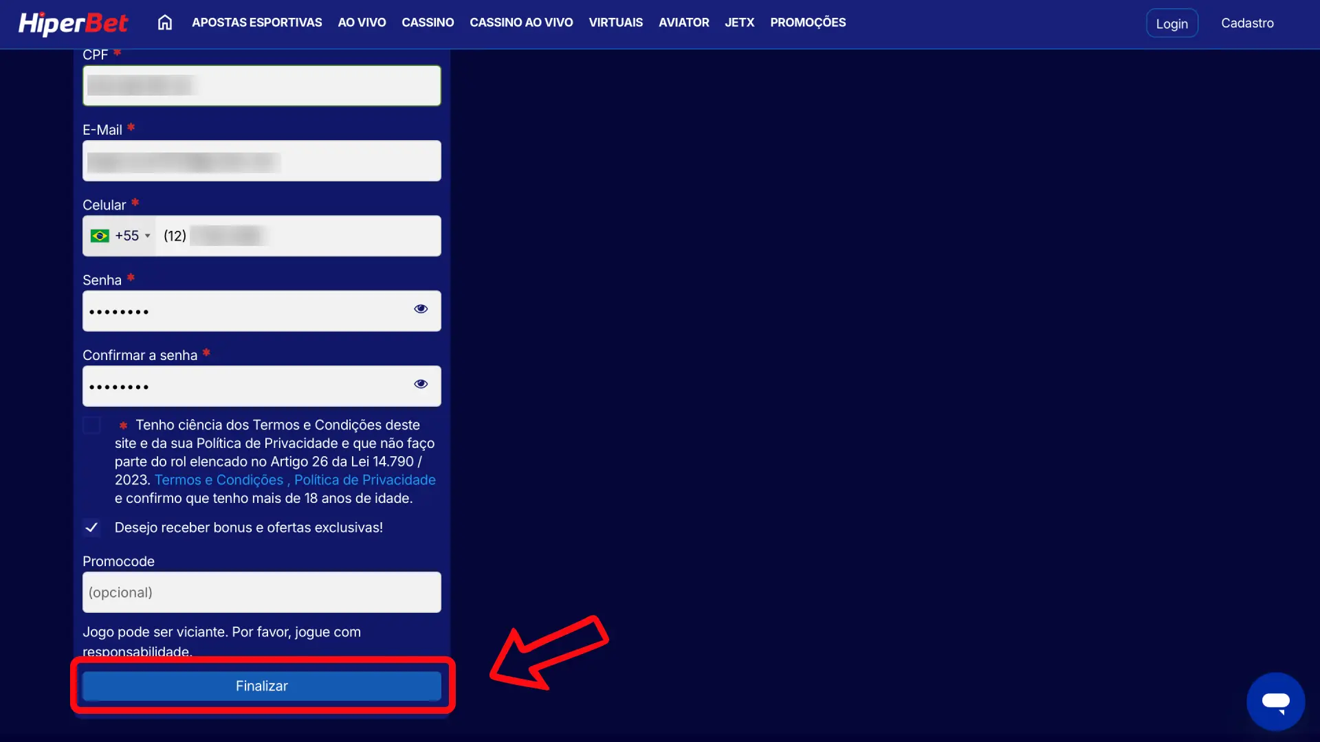 Aceite os termos da Hiperbet, envie o formulário e confirme seu e-mail ou SMS.
